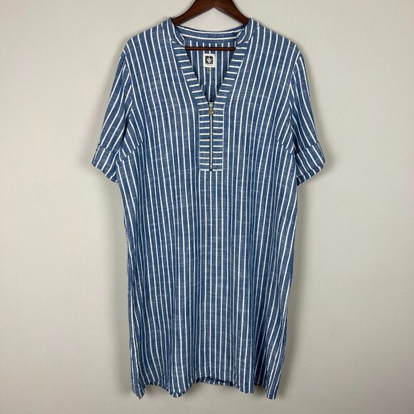 Anne Klein Shirt Dress 16 Blue White Stripe 1/4 Zip Front‎ Shift Short Sleeve - Picture 1 of 12